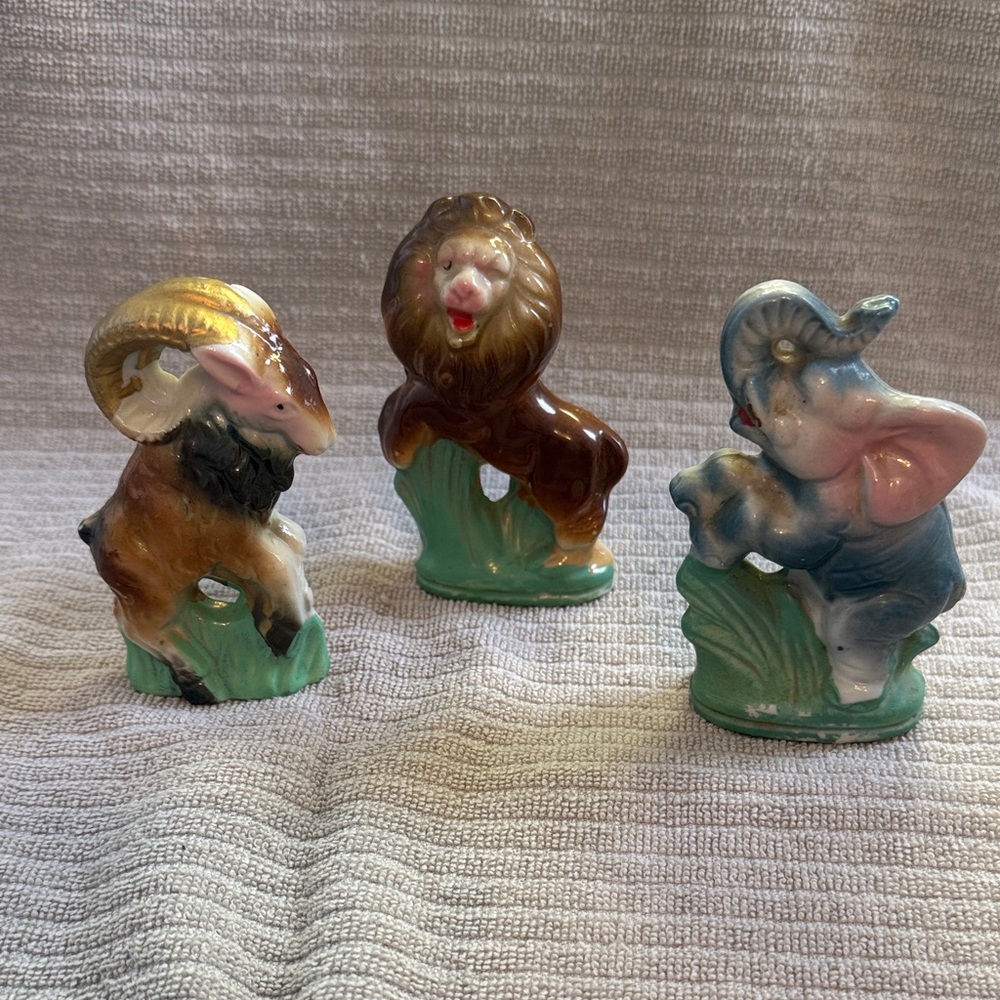 Vintage porcelain Goat, Lion, and Elephant figurine set. Made in Japan.